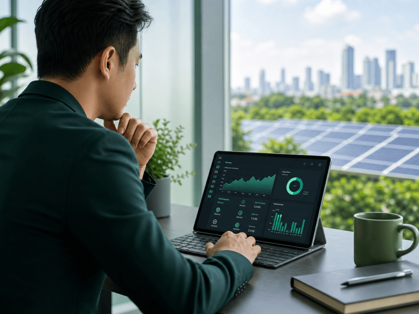 Green energy investor reviewing infrastructure performance data